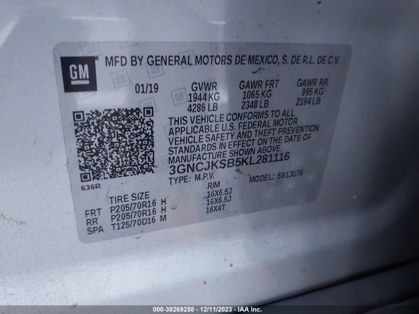 2019 CHEVROLET TRAX LS - 3GNCJKSB5KL281116