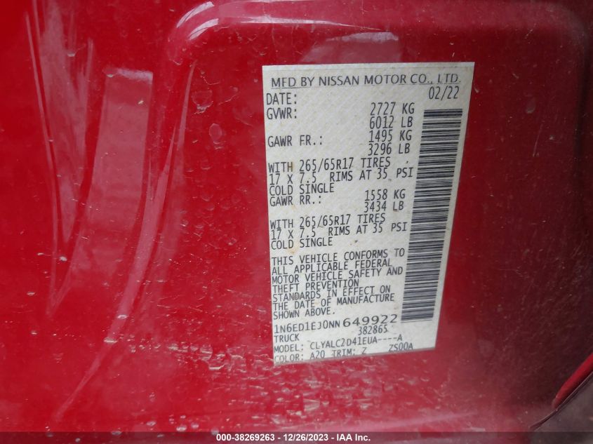2022 NISSAN FRONTIER SV - 1N6ED1EJ0NN649922