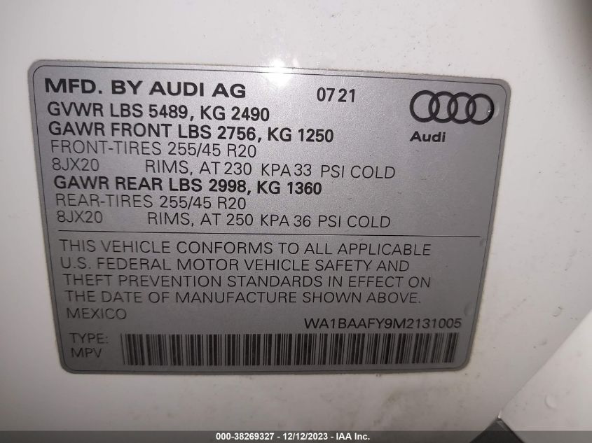 WA1BAAFY9M2131005 2021 AUDI Q5, photo no. 9