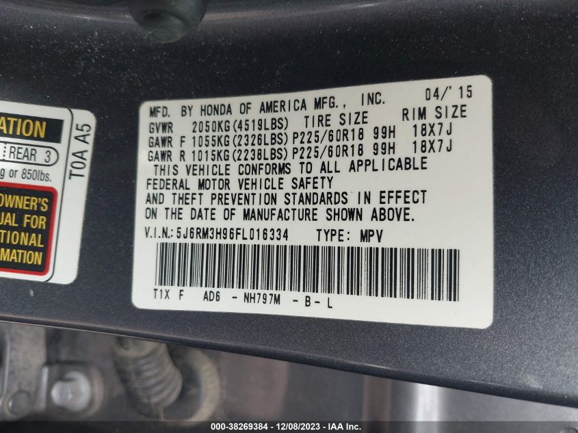 2015 HONDA CR-V TOURING - 5J6RM3H96FL016334