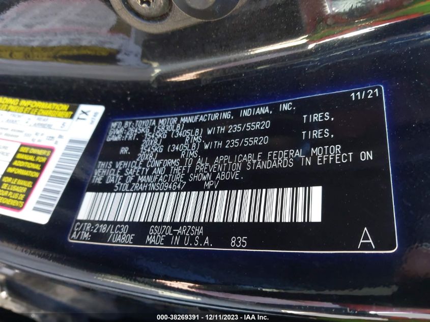 2022 TOYOTA HIGHLANDER XSE - 5TDLZRAH1NS094647