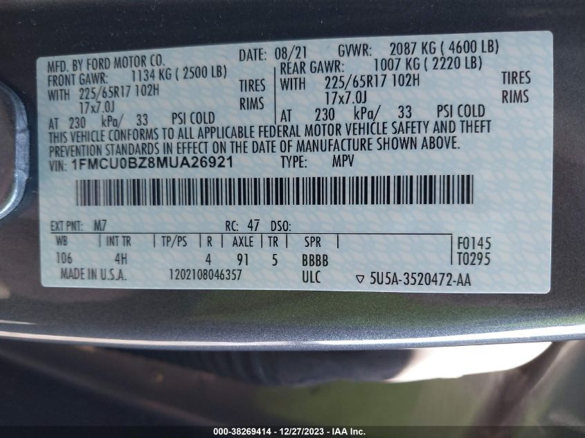 2021 FORD ESCAPE SE HYBRID - 1FMCU0BZ8MUA26921