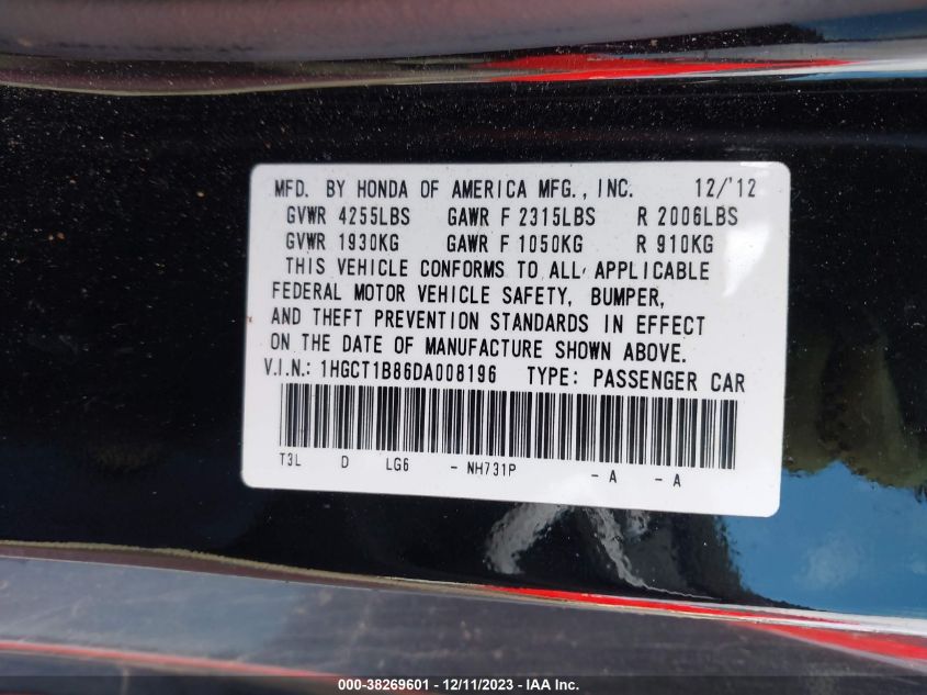 2013 HONDA ACCORD CPE EX-L 1HGCT1B86DA008196