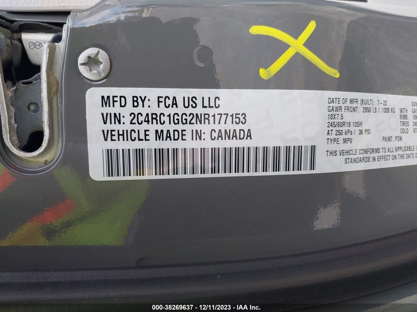 VIN 2C4RC1GG2NR177153 2022 CHRYSLER PACIFICA LIMITED