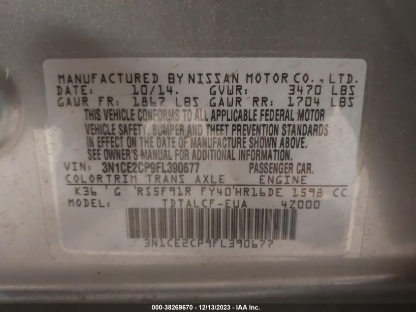 2015 NISSAN VERSA NOTE S (SR) - 3N1CE2CP9FL390677
