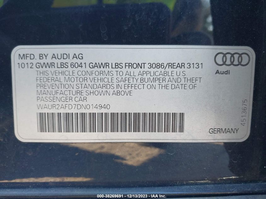 2013 AUDI A8 L 4.0T - WAUR2AFD7DN014940