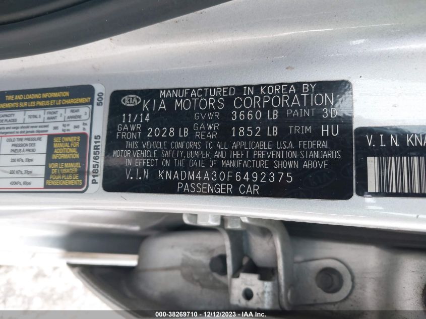 2015 KIA RIO LX - KNADM4A30F6492375