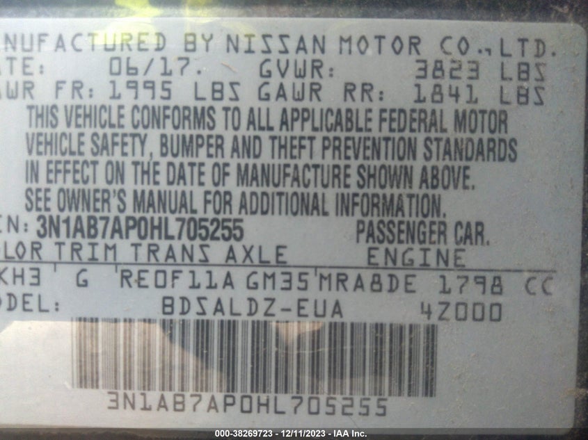 VIN 3N1AB7AP0HL705255 2017 NISSAN SENTRA SV