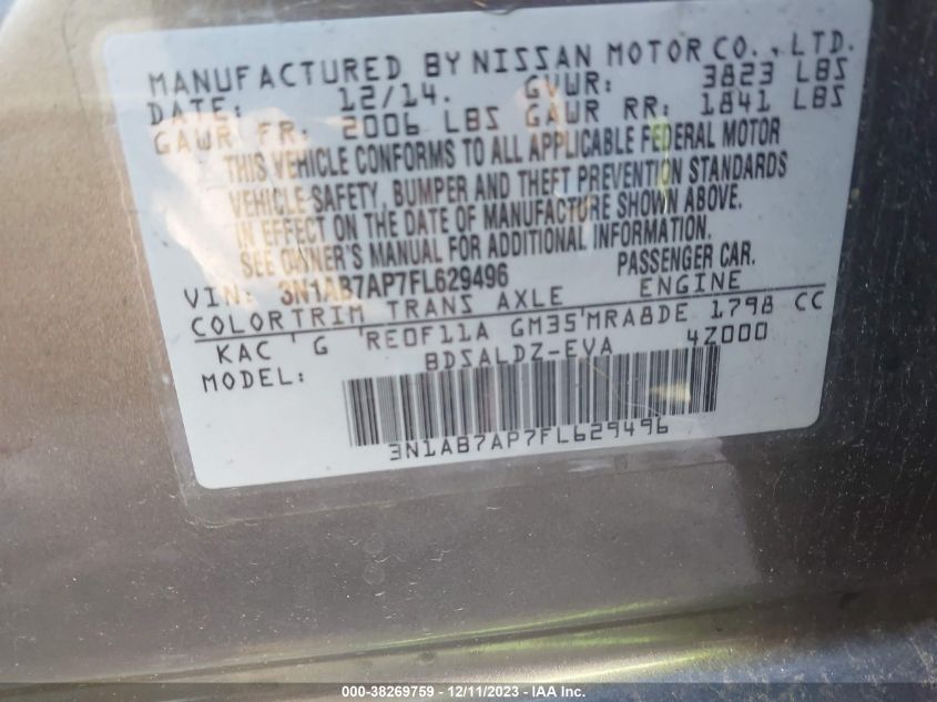 2015 NISSAN SENTRA S/SV/SR/SL - 3N1AB7AP7FL629496