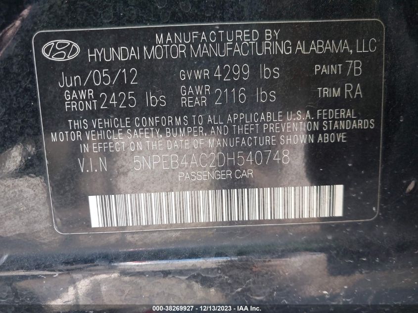 2013 HYUNDAI SONATA GLS - 5NPEB4AC2DH540748