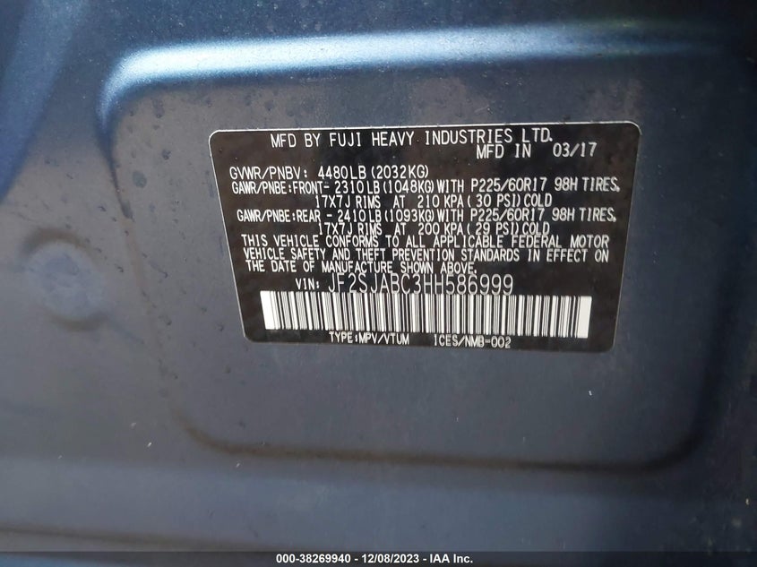 VIN JF2SJABC3HH586999 2017 SUBARU FORESTER 2.5I