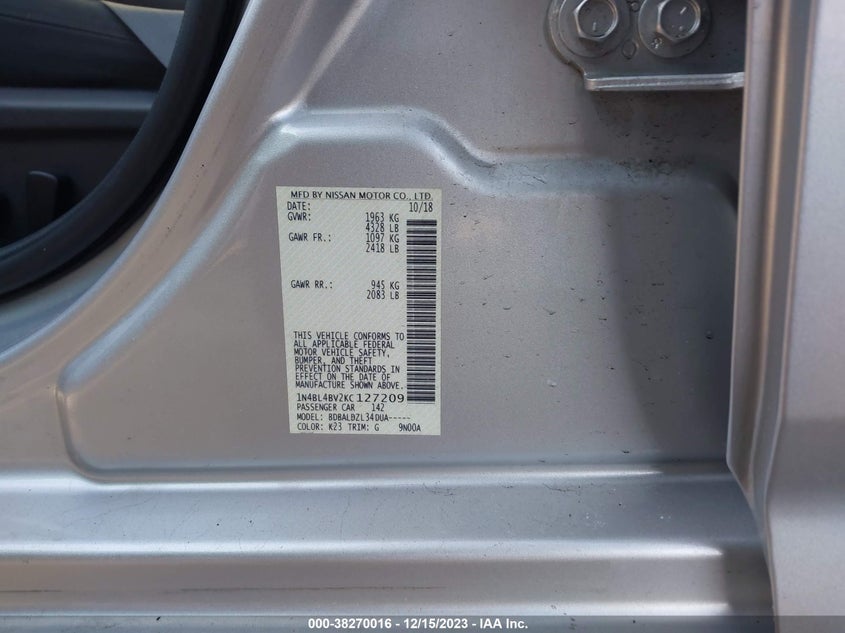 VIN 1N4BL4BV2KC127209 2019 NISSAN ALTIMA 2.5 S