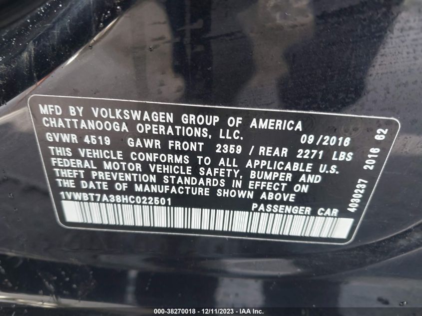 2017 VOLKSWAGEN PASSAT SE - 1VWBT7A38HC022501
