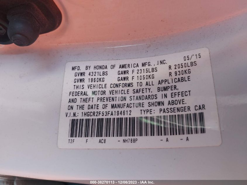 2015 HONDA ACCORD SPORT - 1HGCR2F53FA194612