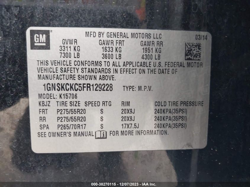 2015 CHEVROLET TAHOE LTZ - 1GNSKCKC5FR129228