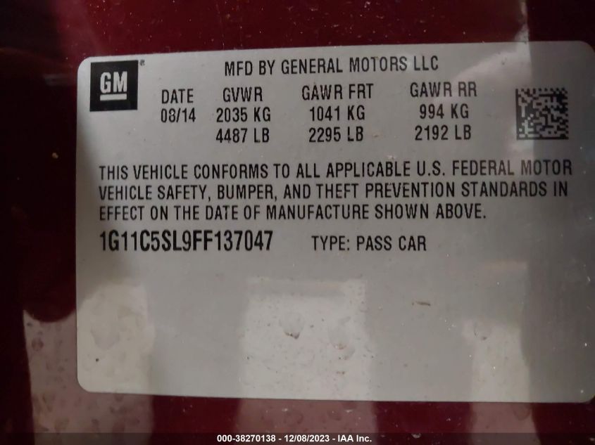2015 CHEVROLET MALIBU LT - 1G11C5SL9FF137047
