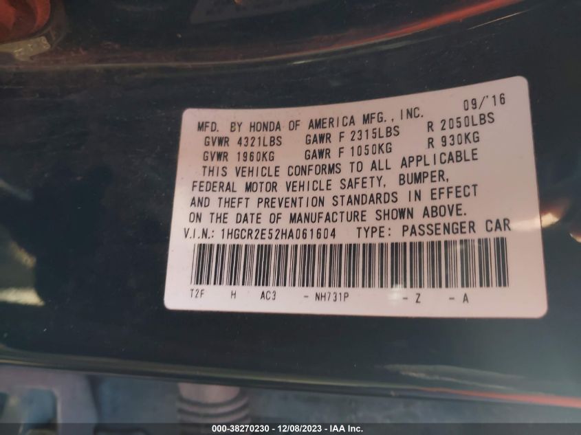 2017 HONDA ACCORD SPORT - 1HGCR2E52HA061604