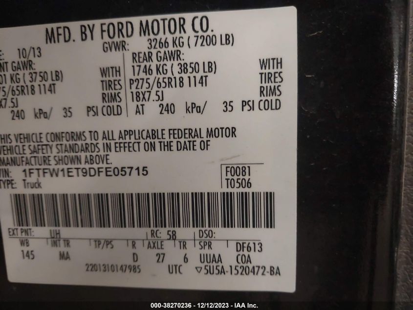 2013 FORD F-150 XLT - 1FTFW1ET9DFE05715