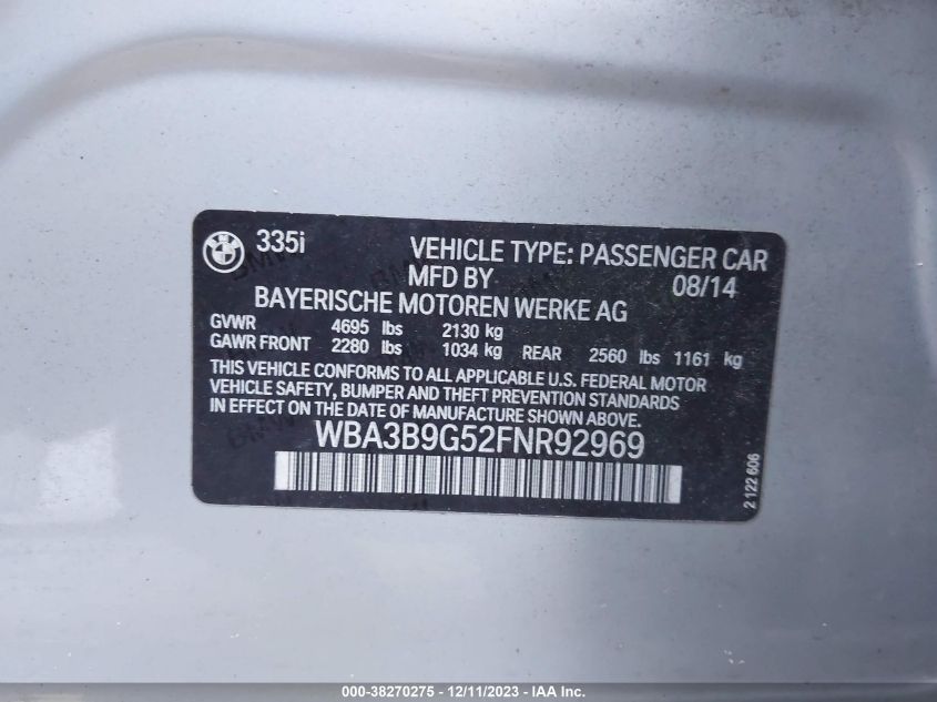 2015 BMW 335I XDRIVE WBA3B9G52FNR92969