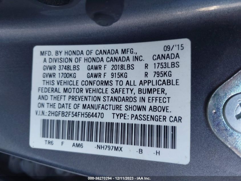 2015 HONDA CIVIC LX - 2HGFB2F54FH564470
