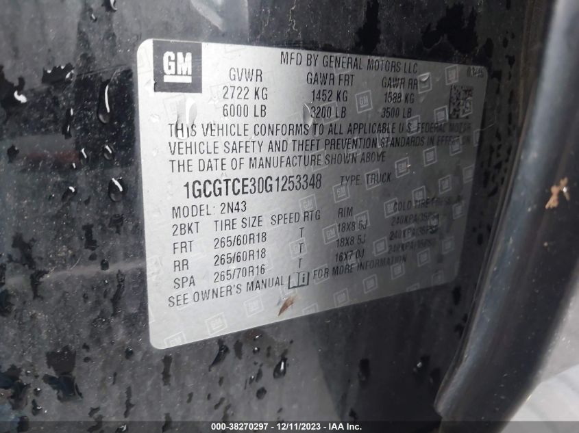 2016 CHEVROLET COLORADO LT - 1GCGTCE30G1253348