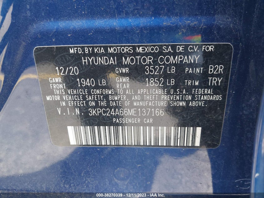 VIN 3KPC24A66ME137166 2021 HYUNDAI ACCENT SE/SEL