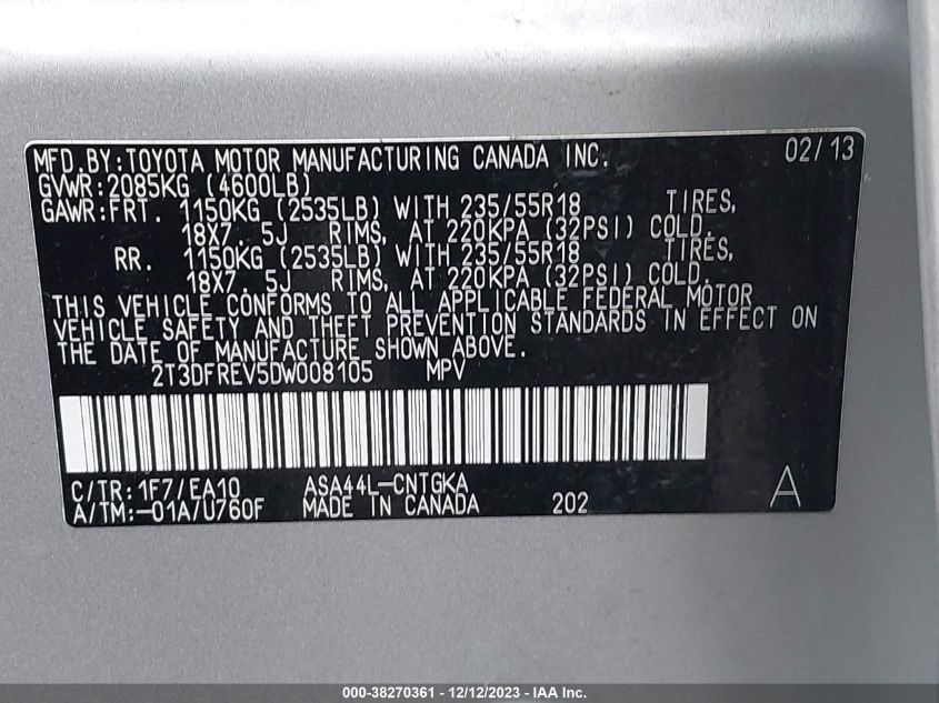 2013 TOYOTA RAV4 LIMITED - 2T3DFREV5DW008105