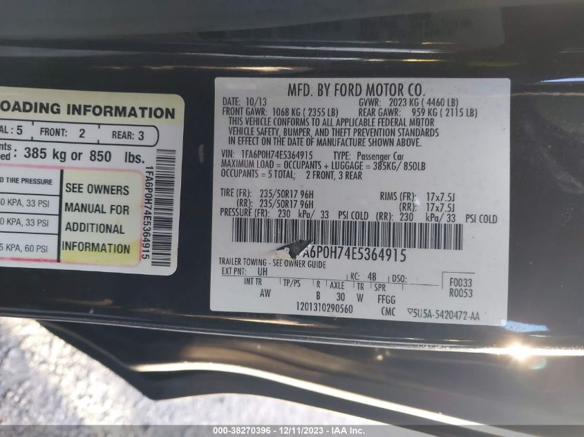 2014 FORD FUSION SE - 1FA6P0H74E5364915