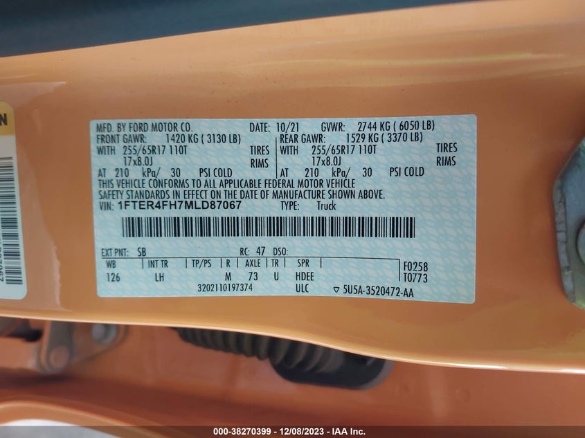 VIN 1FTER4FH7MLD87067 2021 FORD RANGER XLT