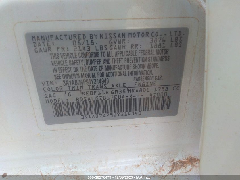 2018 NISSAN SENTRA S/SV/SR/SL - 3N1AB7AP9JY314940