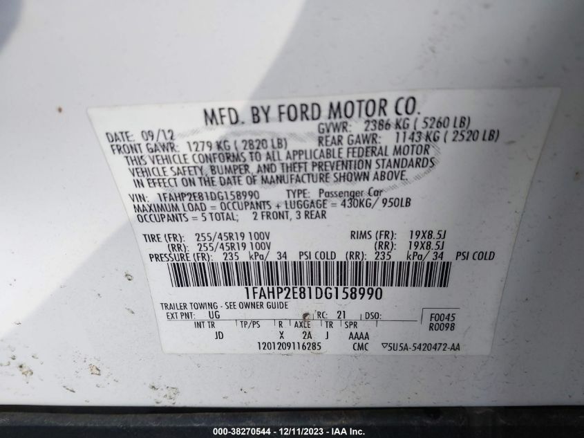 2013 FORD TAURUS SEL - 1FAHP2E81DG158990