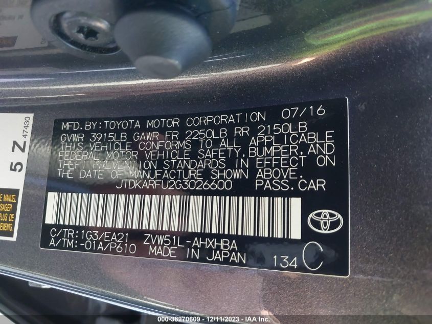 2016 TOYOTA PRIUS - JTDKARFU2G3026600