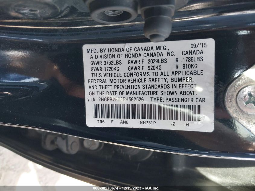 2015 HONDA CIVIC EX - 2HGFB2F83FH562526