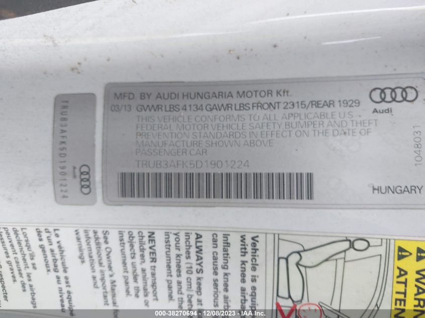 2013 AUDI TT RS 2.5 M6 NO LONGER ORDERABLE TRUB3AFK5D1901224