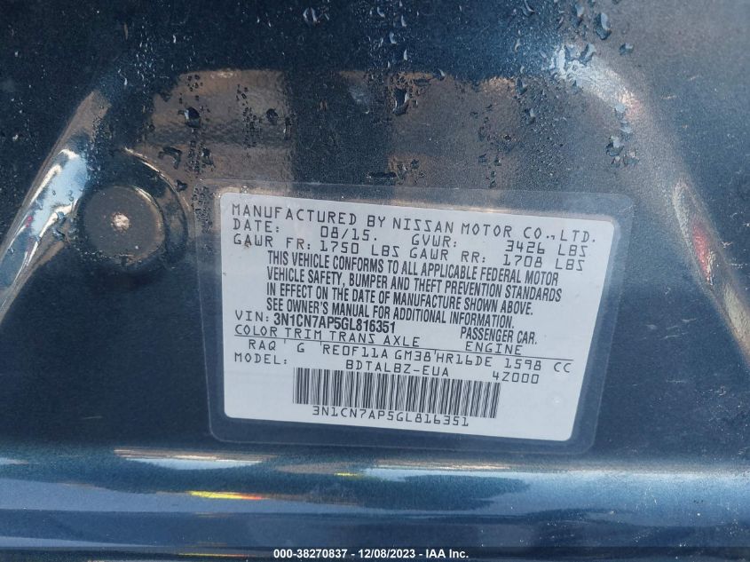 2016 NISSAN VERSA S/S PLUS/SL/SV - 3N1CN7AP5GL816351