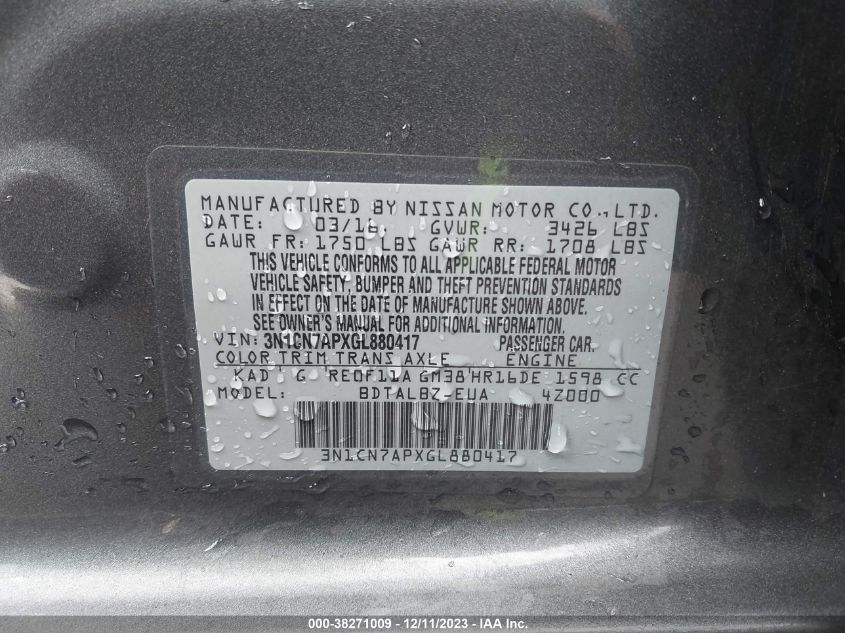 2016 NISSAN VERSA S/S PLUS/SL/SV - 3N1CN7APXGL880417