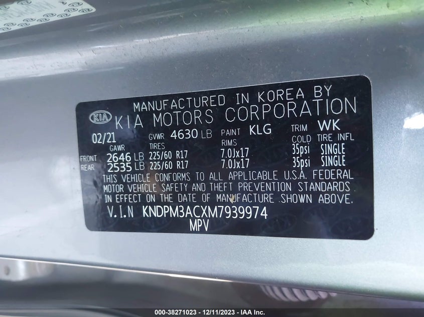 VIN KNDPM3ACXM7939974 2021 KIA SPORTAGE LX