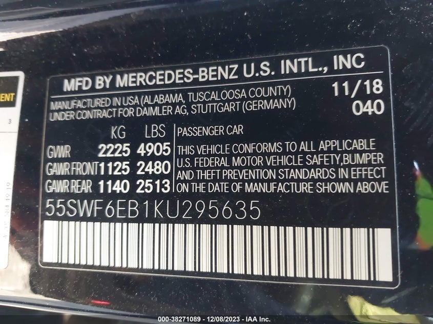 VIN 55SWF6EB1KU295635 2019 MERCEDES-BENZ AMG C 43 4MATIC