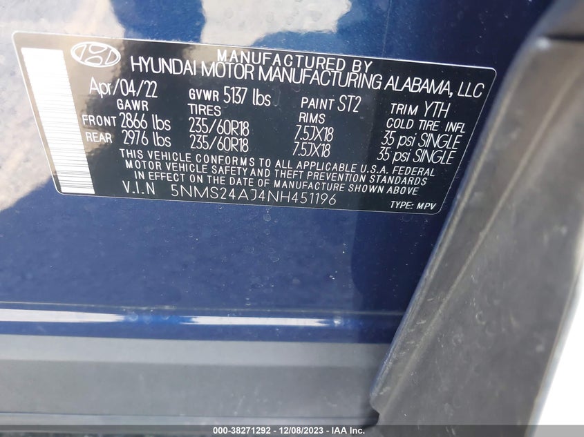 VIN 5NMS24AJ4NH451196 2022 HYUNDAI SANTA FE SEL