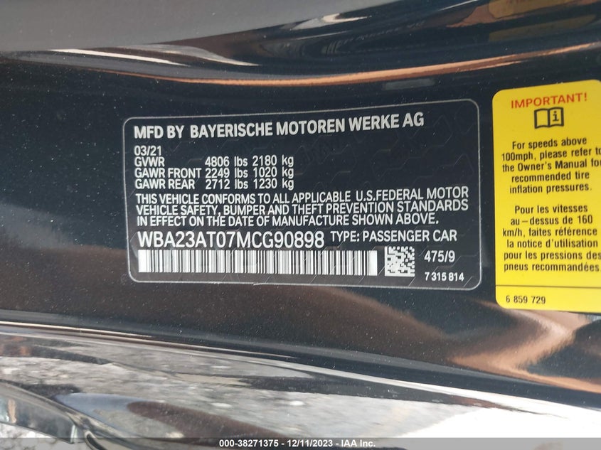 VIN WBA23AT07MCG90898 2021 BMW 430I