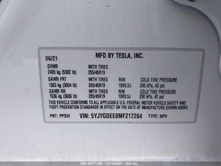 VIN 5YJYGDEE8MF217264 2021 TESLA MODEL Y LONG RANGE DUAL MOTOR ALL-WHEEL DRIVE