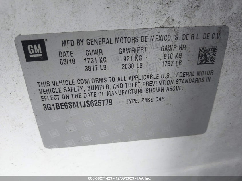 VIN 3G1BE6SM1JS625779 2018 CHEVROLET CRUZE LT AUTO