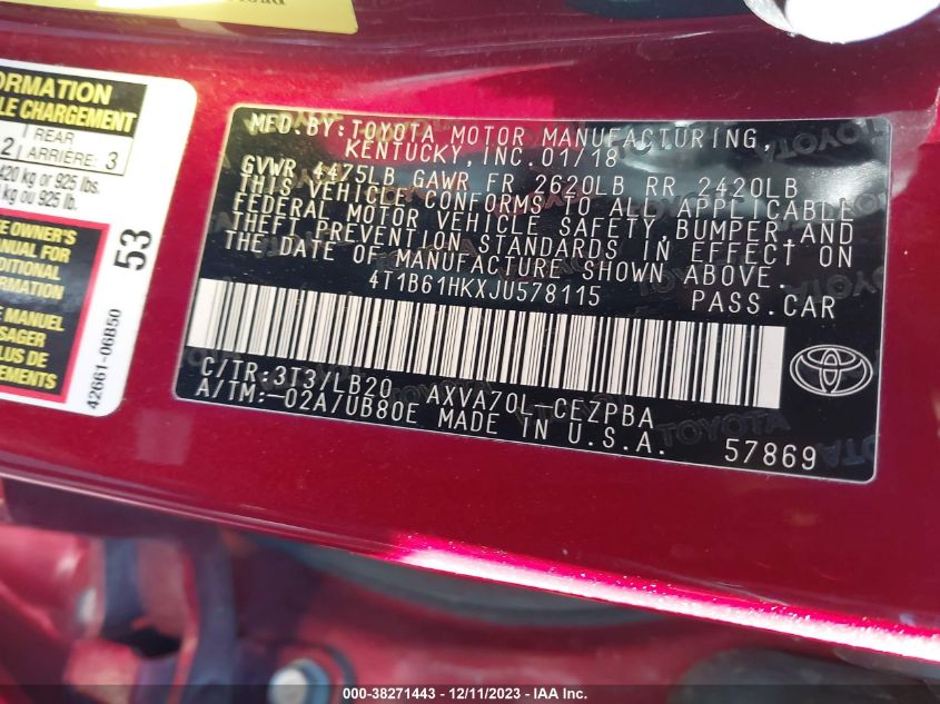 2018 TOYOTA CAMRY XSE - 4T1B61HKXJU578115