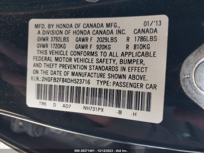 2013 HONDA CIVIC SDN EX - 2HGFB2F84DH523716