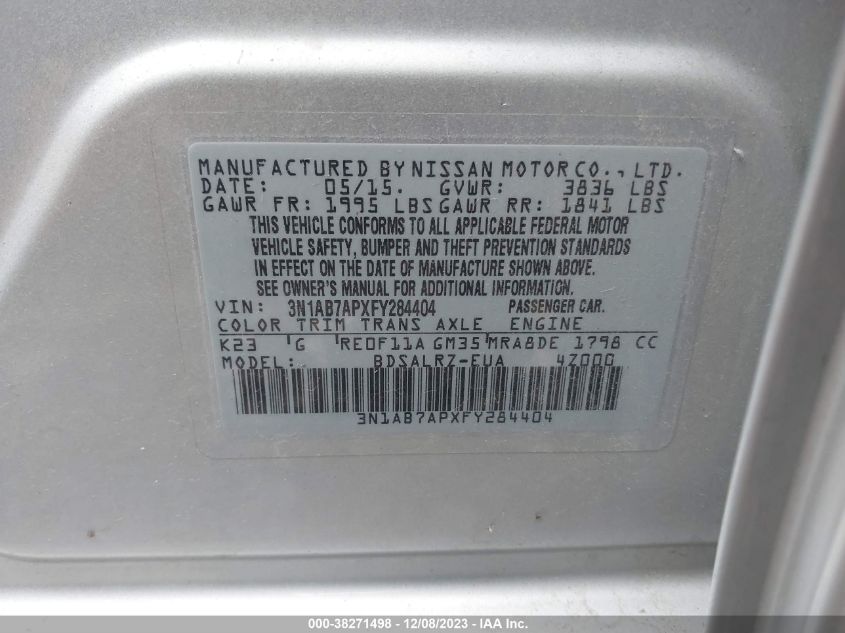 2015 NISSAN SENTRA S/SV/SR/SL - 3N1AB7APXFY284404