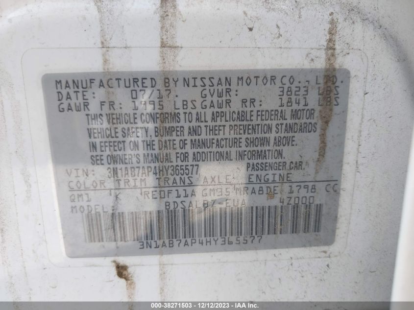 2017 NISSAN SENTRA S/SV/SR/SL - 3N1AB7AP4HY365577