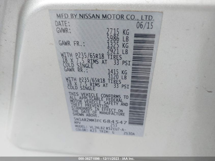 2015 NISSAN PATHFINDER S/SV/SL/PLATINUM - 5N1AR2MM3FC684547