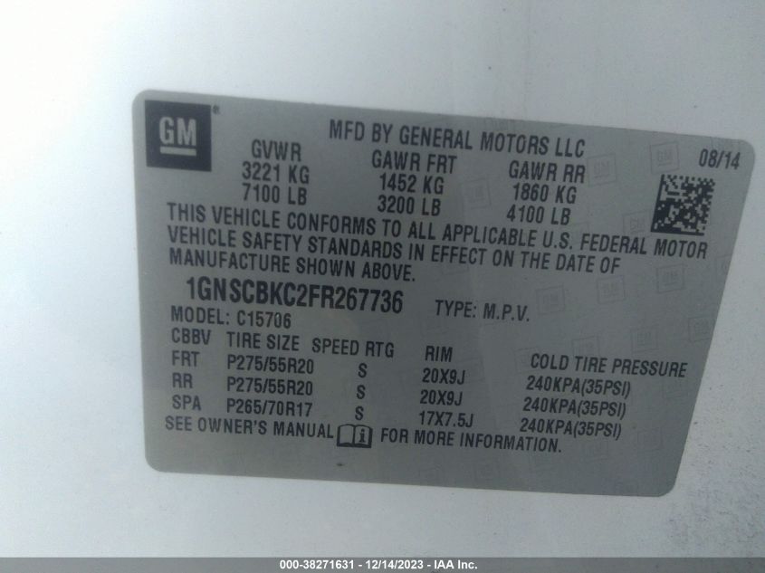 2015 CHEVROLET TAHOE LT - 1GNSCBKC2FR267736