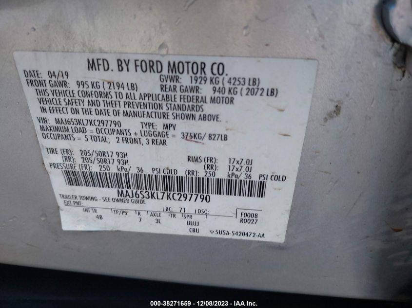 VIN MAJ6S3KL7KC297790 2019 FORD ECOSPORT TITANIUM