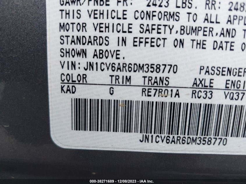2013 INFINITI G37X - JN1CV6AR6DM358770